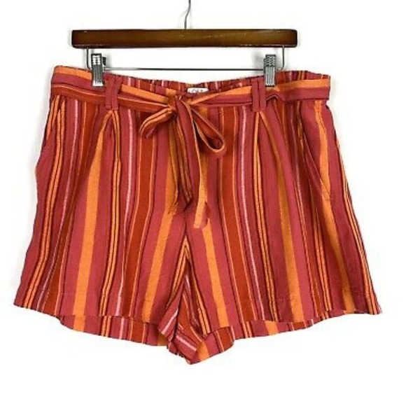 LOFT Womens Orange Striped Linen Blend High Waist Shorts Large Tie Belt Pockets‎ - Picture 1 of 7